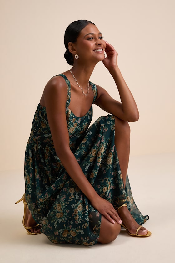 Francesca Dark Teal Floral Sleeveless Midi Dress - thumbnail 5