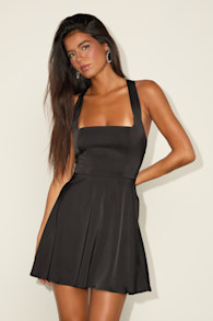 Admirably Chic Black Satin Lace-Up Mini Dress With Pocket 1