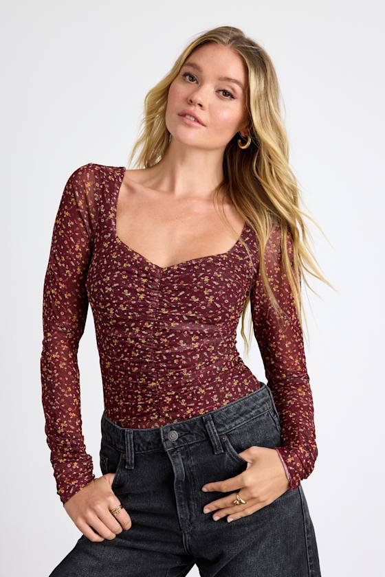 Image of Adoring Desire Burgundy Floral Print Mesh Ruched Bodysuit