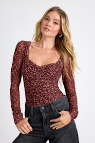 Adoring Desire Burgundy Floral Print Mesh Ruched Bodysuit 1
