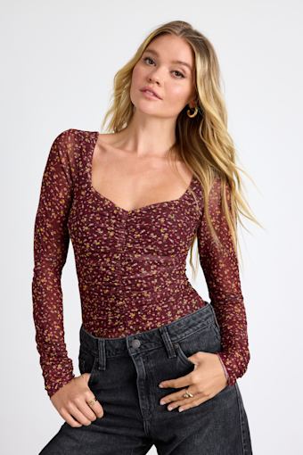 Adoring Desire Burgundy Floral Print Mesh Ruched Bodysuit 1