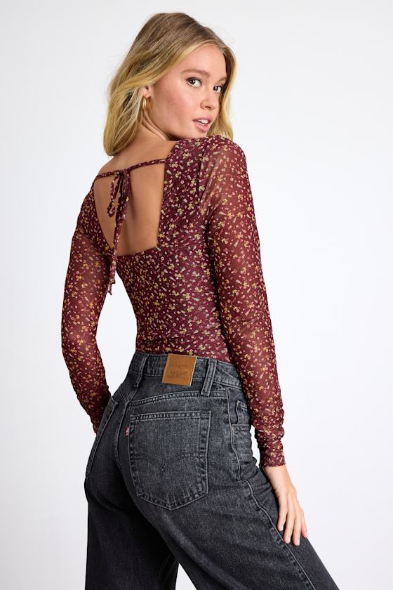 Adoring Desire Burgundy Floral Print Mesh Ruched Bodysuit 2