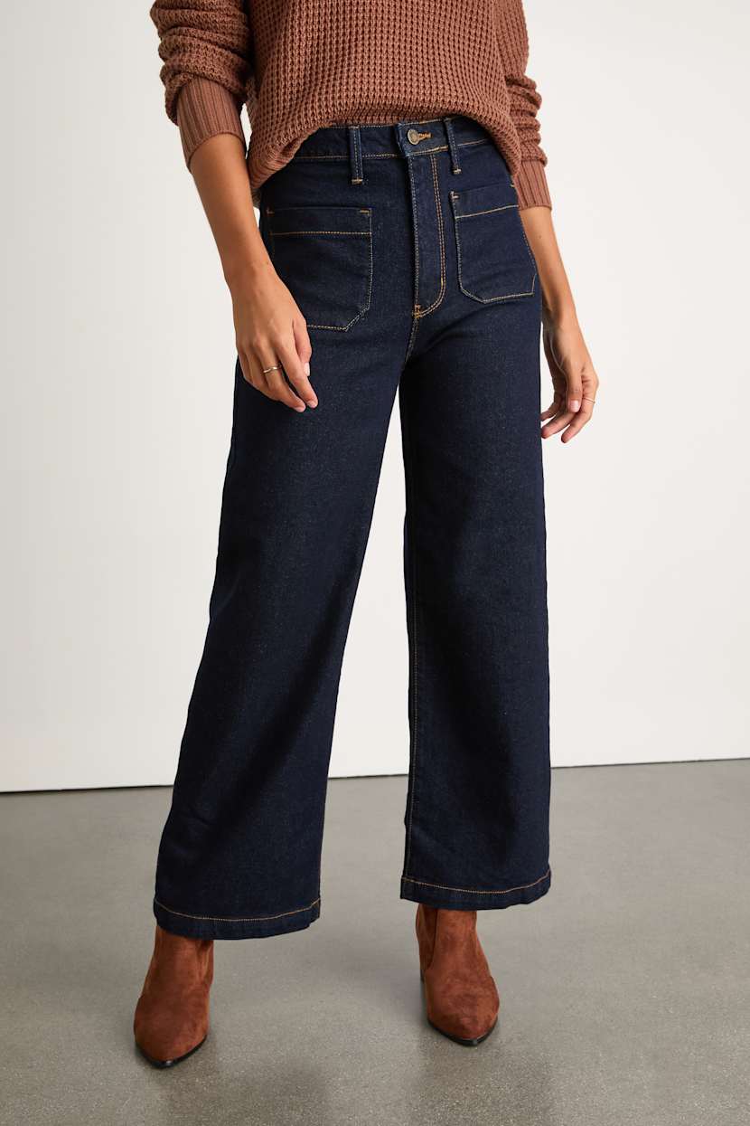 Halston Dark Wash Denim Wide-Leg High-Rise Jeans