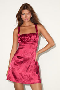 Exquisite Outlook Red Floral Jacquard Satin Lace-Up Mini Dress 1