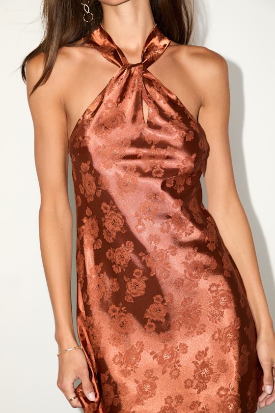 Got the Key Rust Satin Floral Jacquard Halter Mini Dress 2