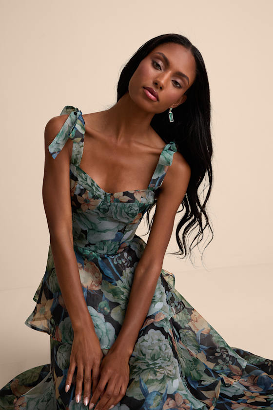 Image of Playfully Posh Black Floral Organza Tie-Strap Tiered Midi Dress