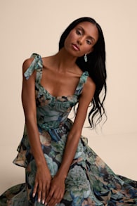 Playfully Posh Black Floral Organza Tie-Strap Tiered Midi Dress 1