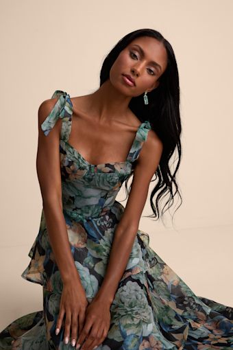 Playfully Posh Black Floral Organza Tie-Strap Tiered Midi Dress 1