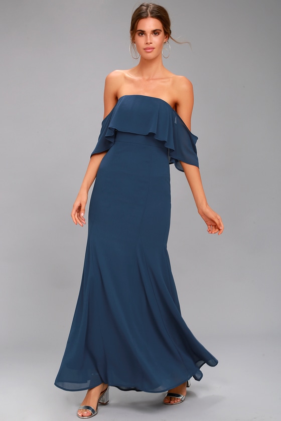 All My Heart Navy Blue Off the Shoulder Maxi Dress
