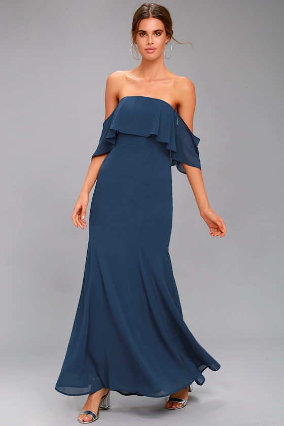 Navy Blue Off shoulder wide cut midi dress 92835