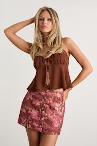 Riordan Brown and Pink Floral Button-Front Mini Skirt 1