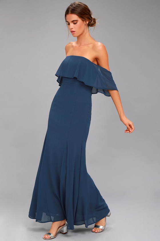 blue off the shoulder maxi