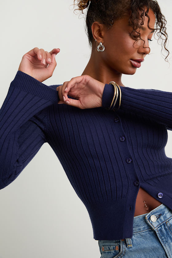 Lulus Perfect Classic Navy Ribbed Knit Cardigan Sweater In Blue