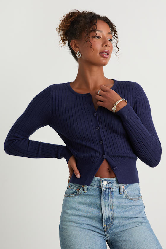 Lulus Perfect Classic Navy Ribbed Knit Cardigan Sweater In Blue