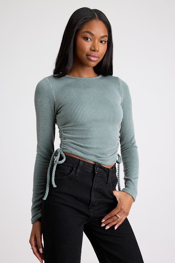 Sweet Ease Sage Green Textured Ribbed Ruched Long Sleeve Top 1