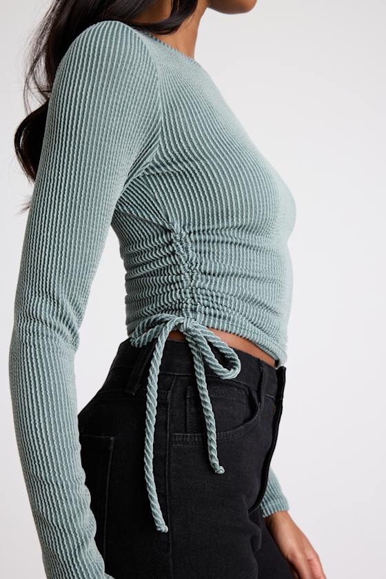 Sweet Ease Sage Green Textured Ribbed Ruched Long Sleeve Top 2