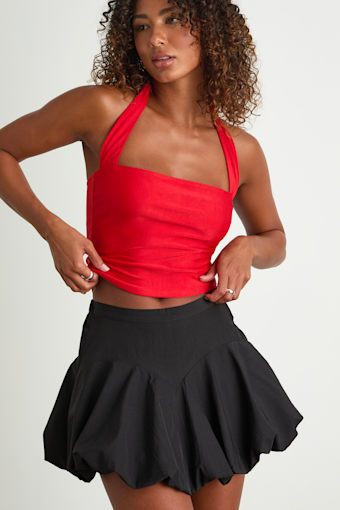 Wistara Black Mid-Rise Micro Mini Bubble-Hem Skirt 1