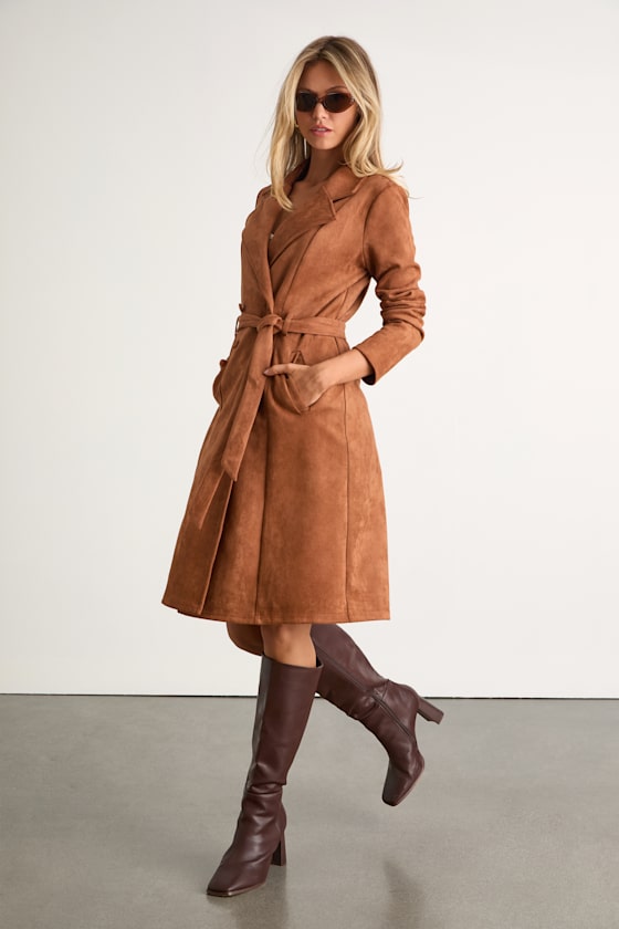 Lulus Chic Calling Tan Suede Trench Coat In Brown