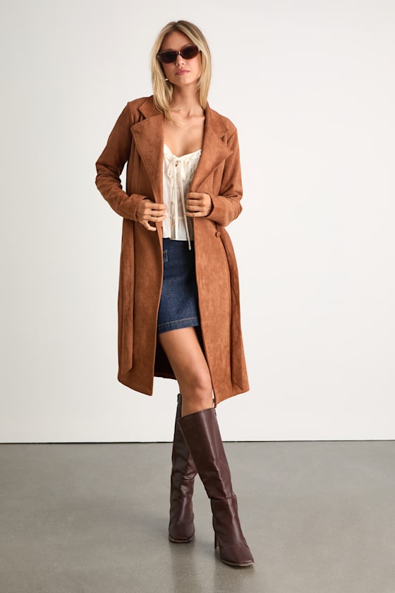 Lulus Chic Calling Tan Suede Trench Coat In Brown