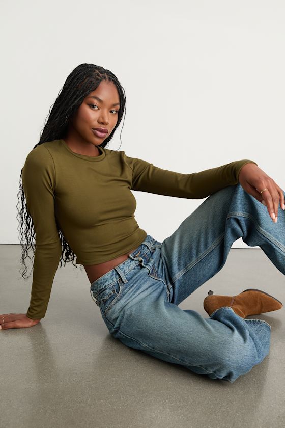 Begin with the Basics Olive Green Long Sleeve Crop Top 1