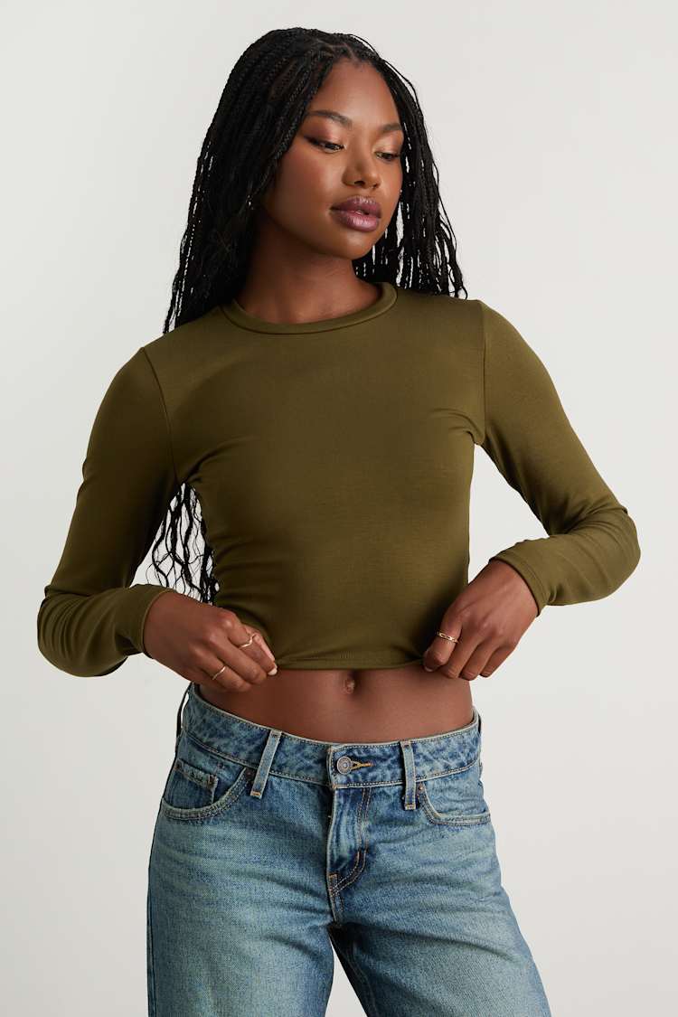 Begin with the Basics Olive Green Long Sleeve Crop Top