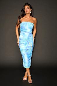 Vania Blue Abstract Mesh Ruched Strapless Midi Dress 1