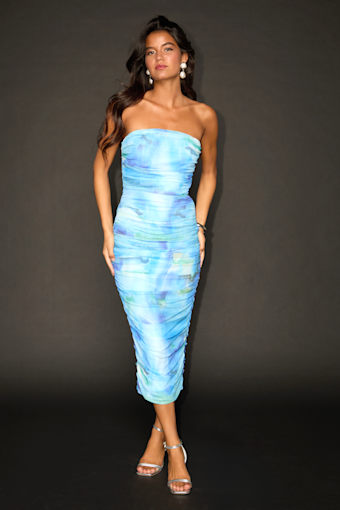 Vania Blue Abstract Mesh Ruched Strapless Midi Dress 1