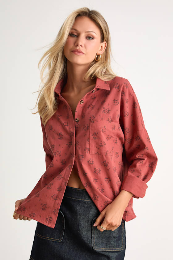 Amelia Dawn Red Floral Striped Long Sleeve Button-Up Top 2