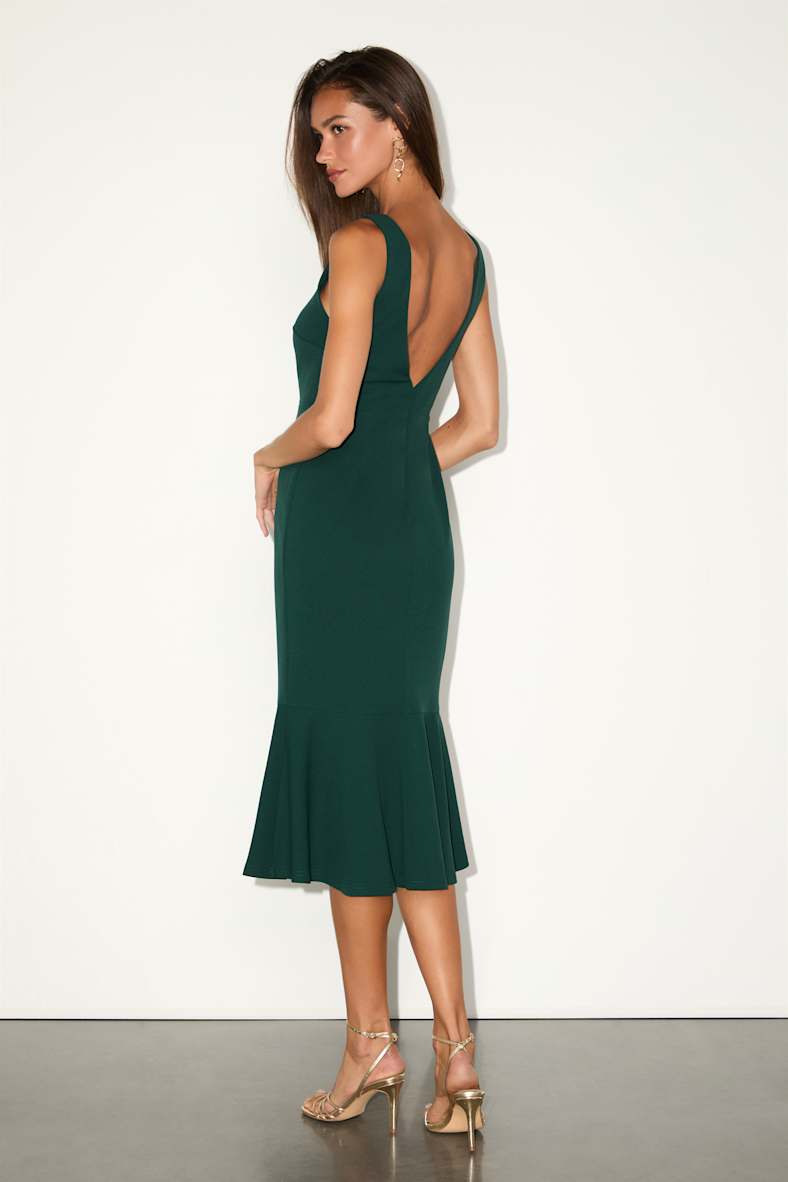 Moment Maker Emerald Square Neck Trumpet Midi Dress