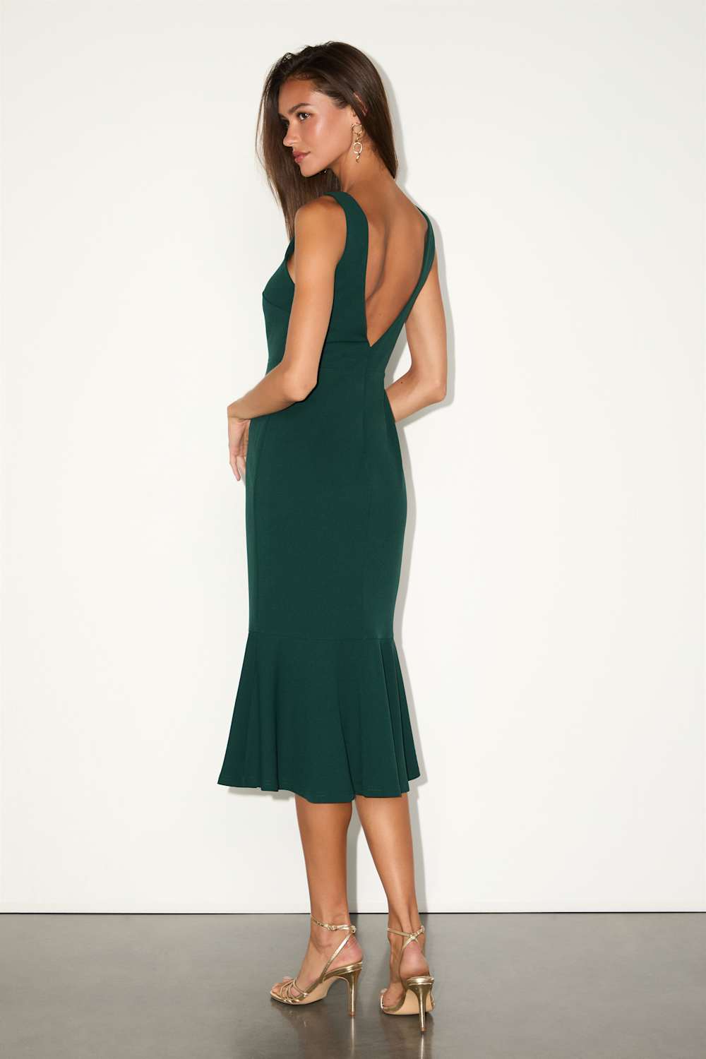 Moment Maker Emerald Square Neck Trumpet Midi Dress