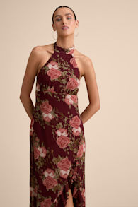 Elegant Entrance Wine Red Floral Print Halter Maxi Dress 1