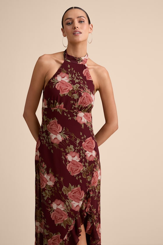 Elegant Entrance Wine Red Floral Print Halter Maxi Dress 1