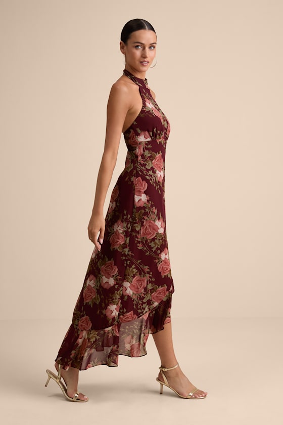 Elegant Entrance Wine Red Floral Print Halter Maxi Dress 2