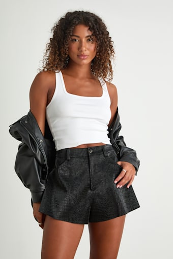 Yvaine Black Vegan Leather Crocodile-Embossed Shorts 1