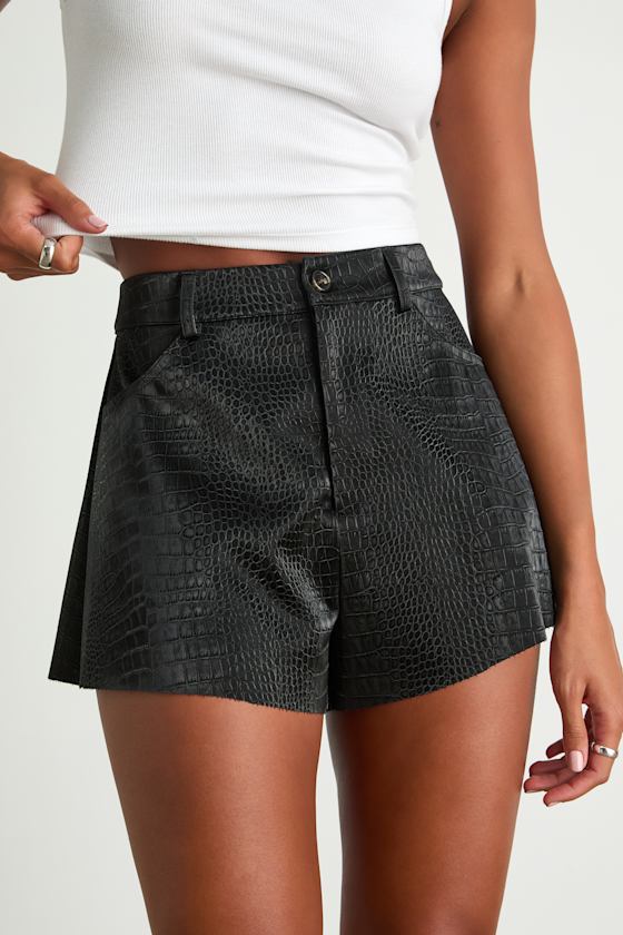 Yvaine Black Vegan Leather Crocodile-Embossed Shorts 2