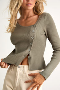 Modern Status Sage Ribbed Asymmetrical Button-Front Sweater Top 1