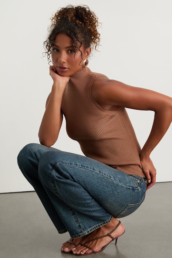Seasonal Sophistication Brown Ribbed Mock Neck Sweater Tank Top 2