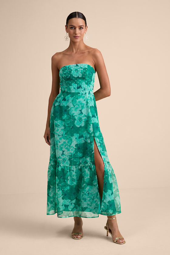 Bright Perspective Teal Floral Strapless Midi Dress 1