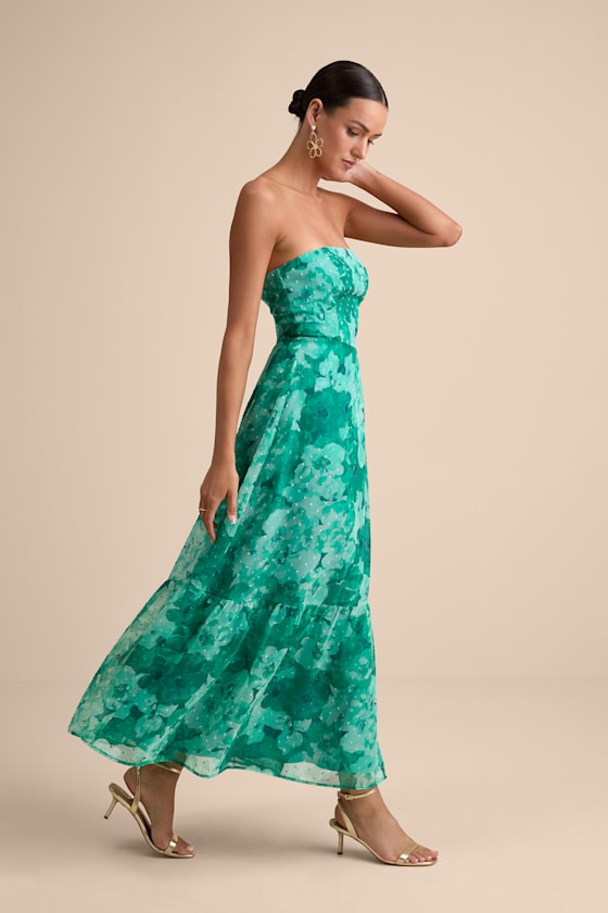 Bright Perspective Teal Floral Strapless Midi Dress 4