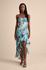 Blushing Darling Turquoise Floral Strapless High-Low Maxi Dress 1