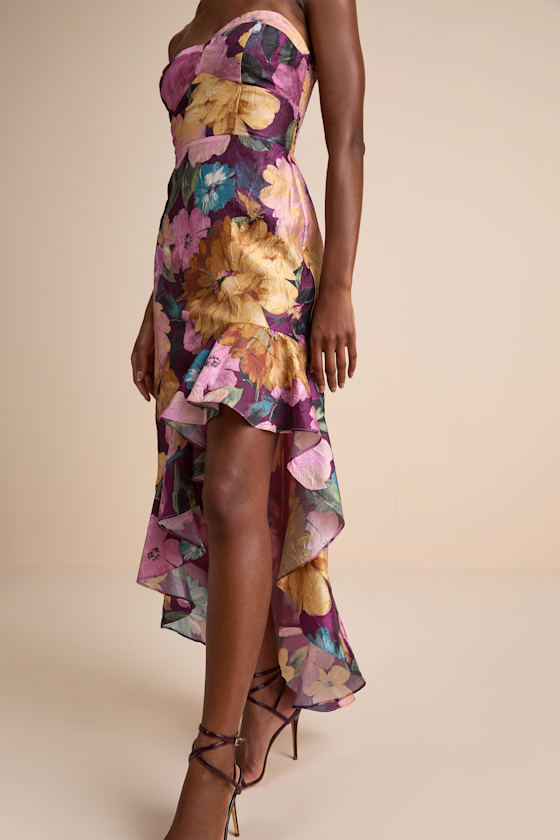 Blushing Darling Plum Multi Floral Strapless High-Low Maxi Dress 2