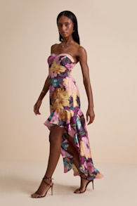 Blushing Darling Plum Multi Floral Strapless High-Low Maxi Dress 4