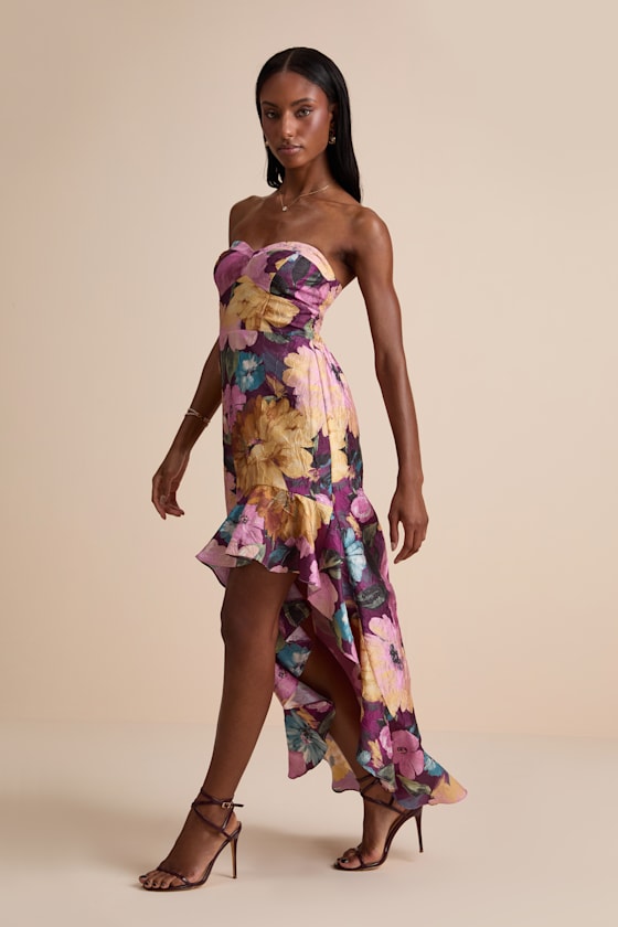 Blushing Darling Plum Multi Floral Strapless High-Low Maxi Dress 4