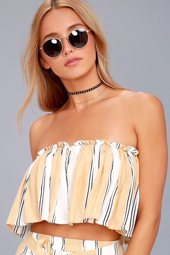 Faithfull the Brand Gardner Beige Striped Strapless Crop Top 1