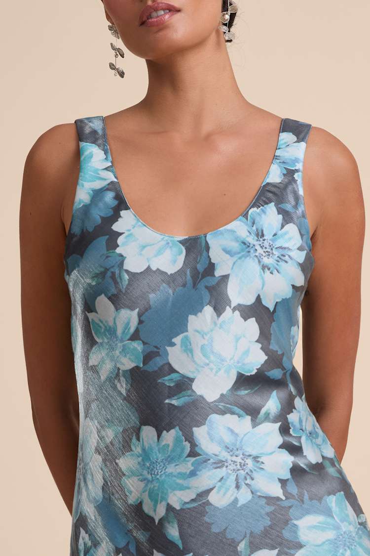 Romantic Whims Blue Floral Print Organza Sleeveless Slip Dress