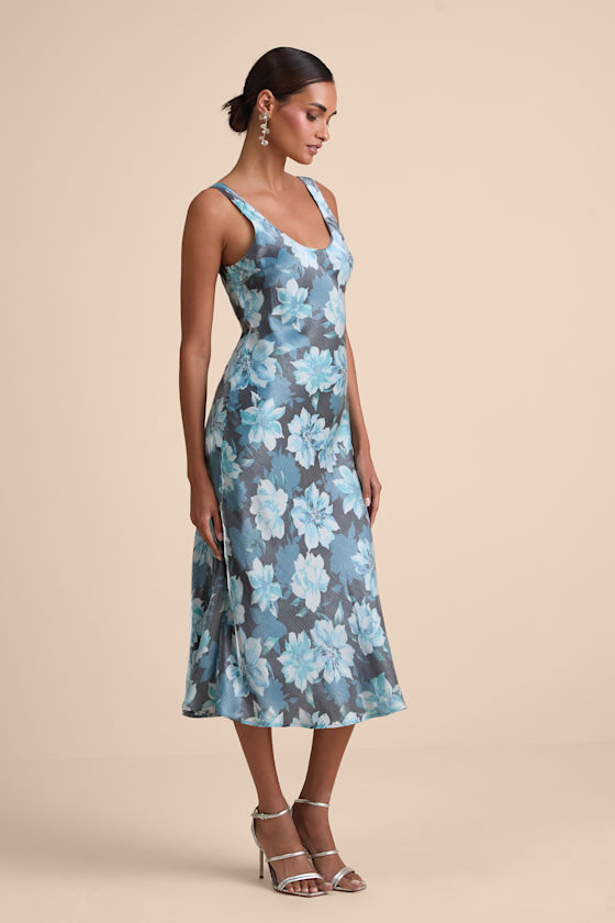 Image of Romantic Whims Blue Floral Print Organza Sleeveless Slip Dress