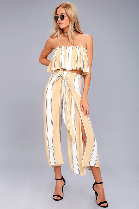 Faithfull the Brand Gardner Beige Striped Strapless Crop Top 4