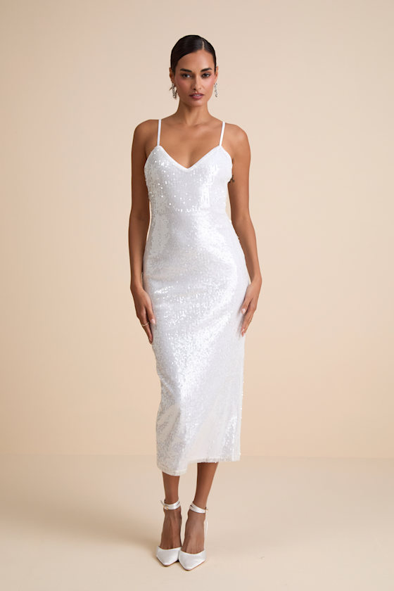 White Dress - Shiny Sequin Midi Dress - Tie-Back Midi Dress - Image 4