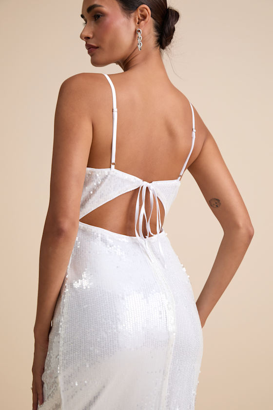 White Dress - Shiny Sequin Midi Dress - Tie-Back Midi Dress - Image 5