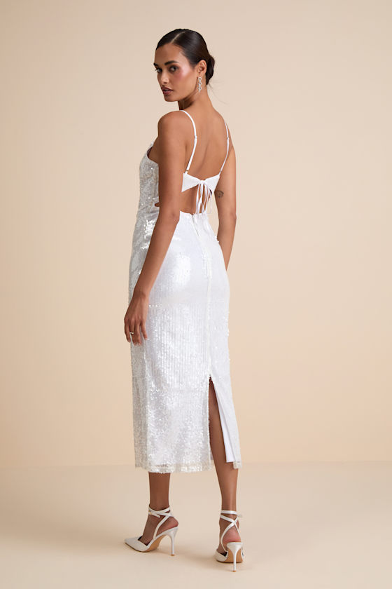 White Dress - Shiny Sequin Midi Dress - Tie-Back Midi Dress - Image 2